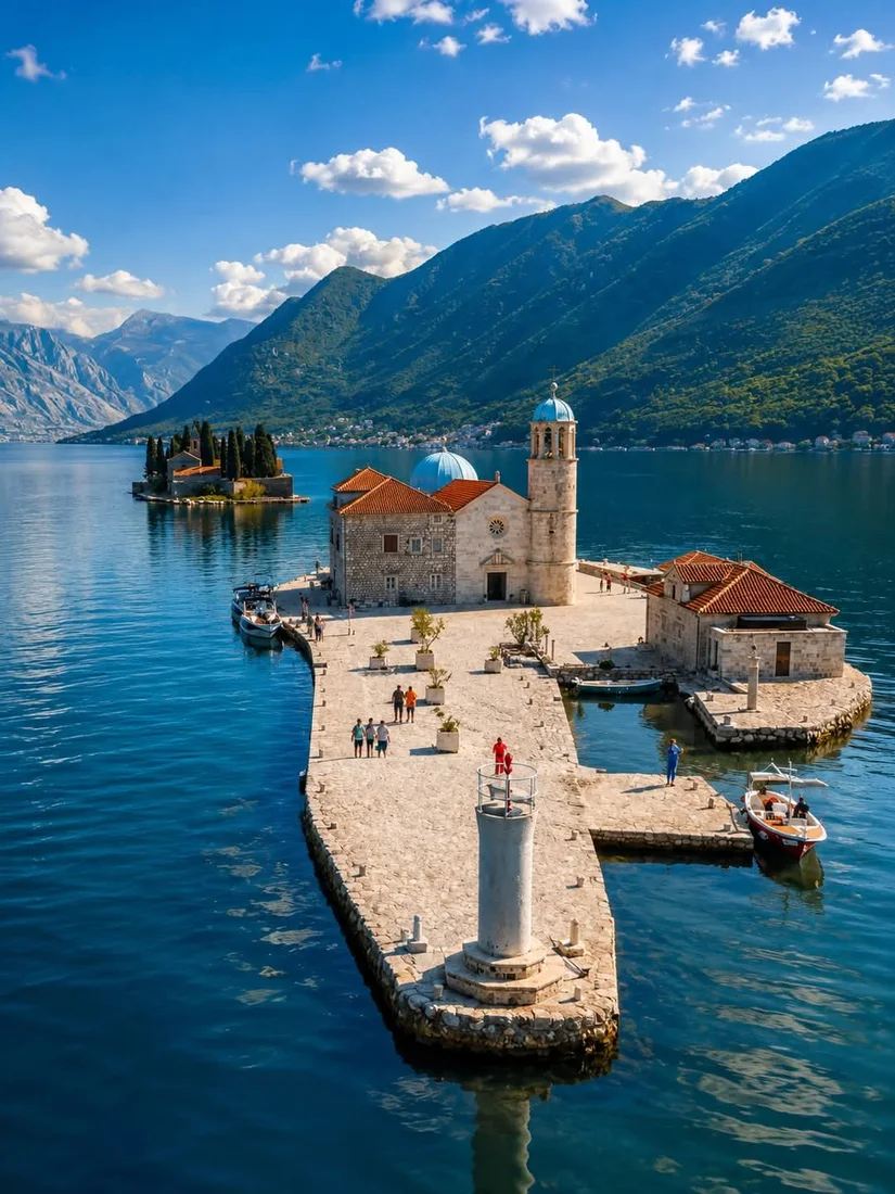 The fjord-like Bay of Kotor ringed by steep green mountains, Montenegro