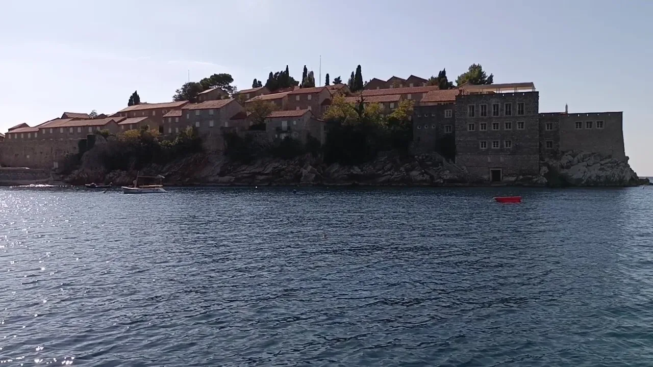 The islet of Sveti Stefan seen from the Adriatic sea off the Montenegrin coast