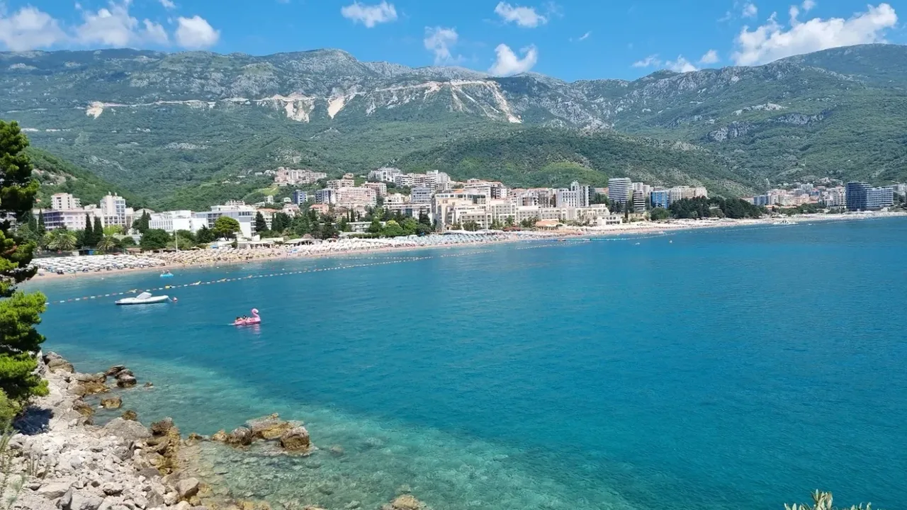 Bečići's resort waterfront on the Budva Riviera, with hotels lining the long sandy beach