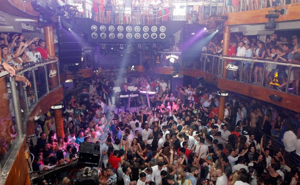 The packed multi-level dance floor at Trocadero nightclub in Budva, Montenegro