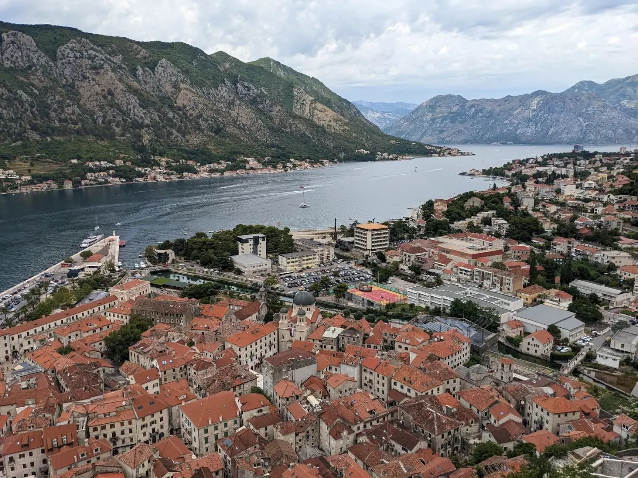 The town of Kotor and its walls beneath the mountains at the head of the Bay of Kotor
