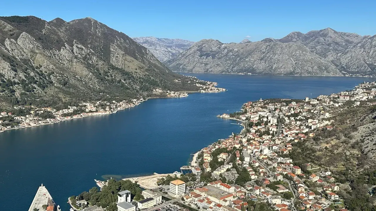 Aerial view of Montenegro's steep coastal mountains rising above the Bay of Kotor