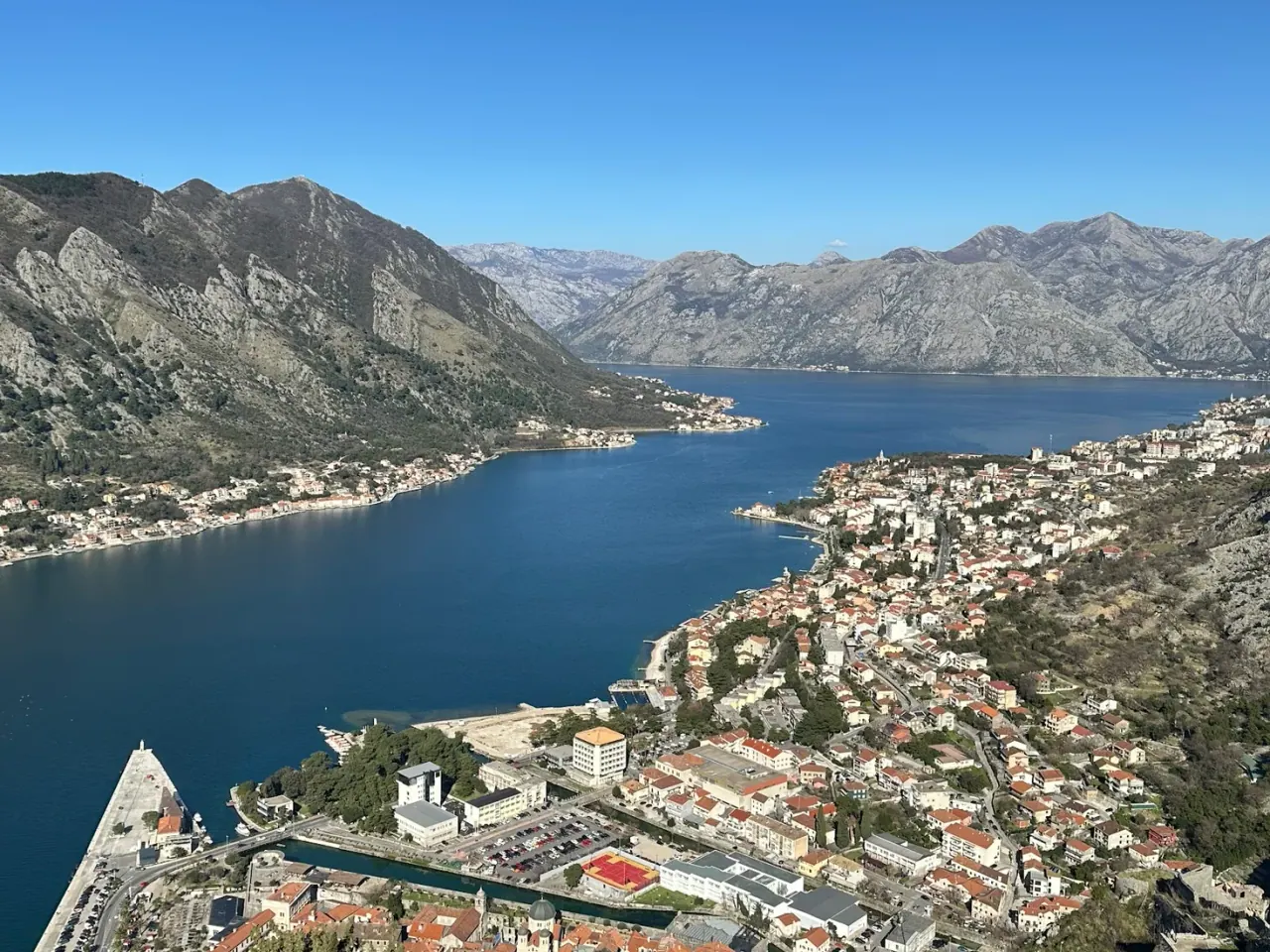 Aerial view of the Bay of Kotor and the old town from the fortress above