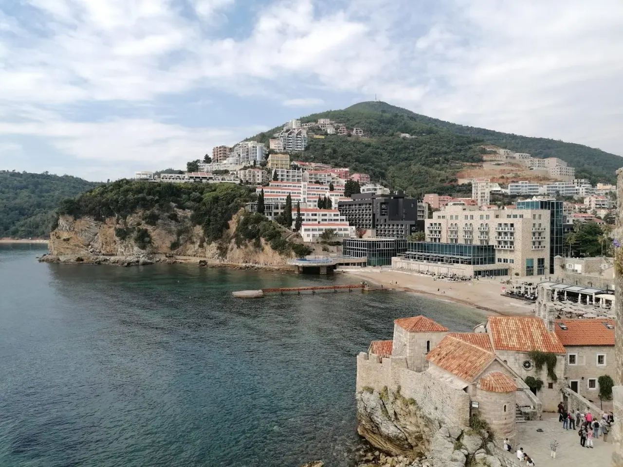The walled old town of Budva and its coastline seen from the citadel